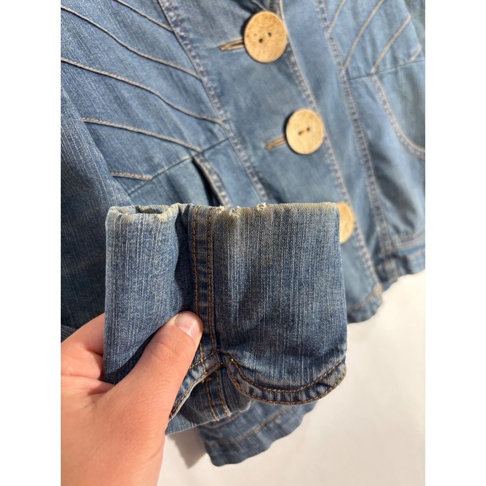 Retro Boho Tulle Denim Stitched Blazer Jacket Womens Small Blue - Picture 8 of 8